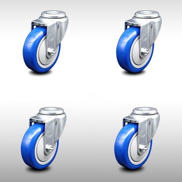 4 Inch SS Blue Polyurethane Wheel Swivel Bolt Hole Caster Set